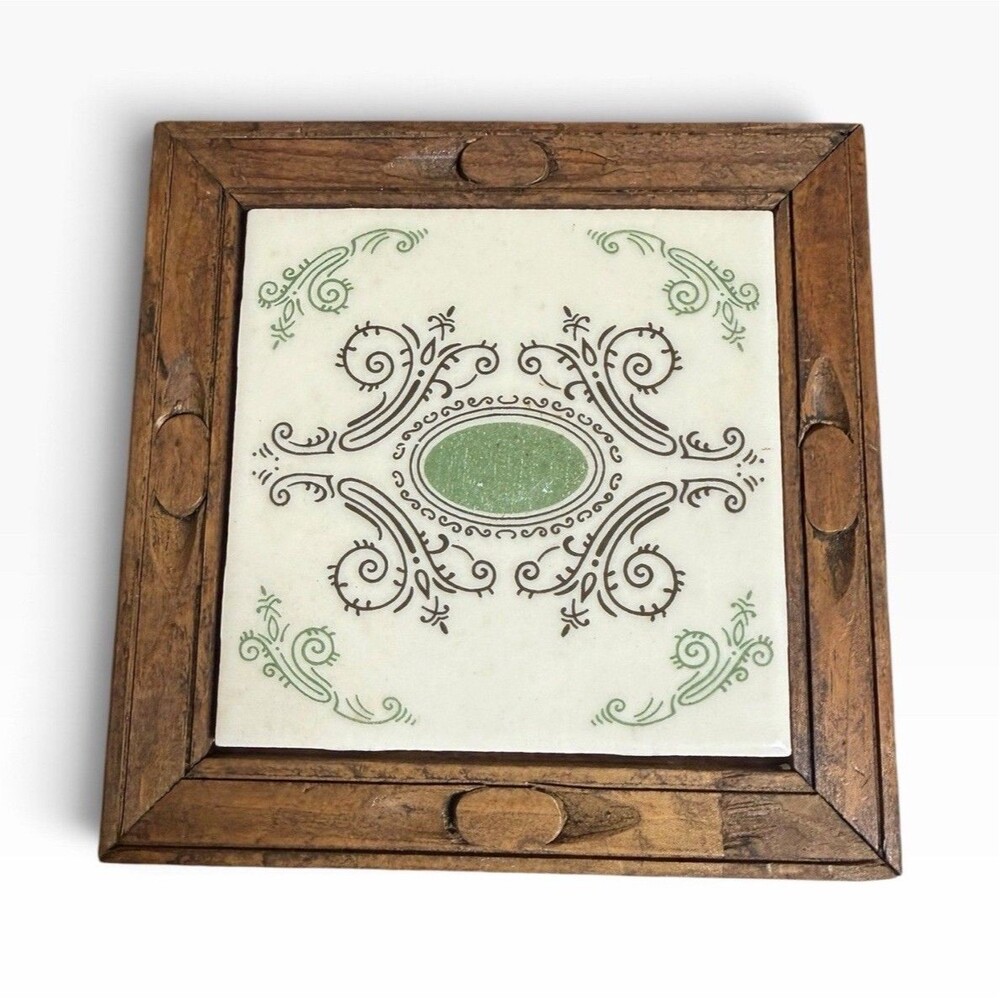 Vtg Mexican Dal Tile Trivet Hand Carved Wood Frame Ceramic Hot Pad Green Cream